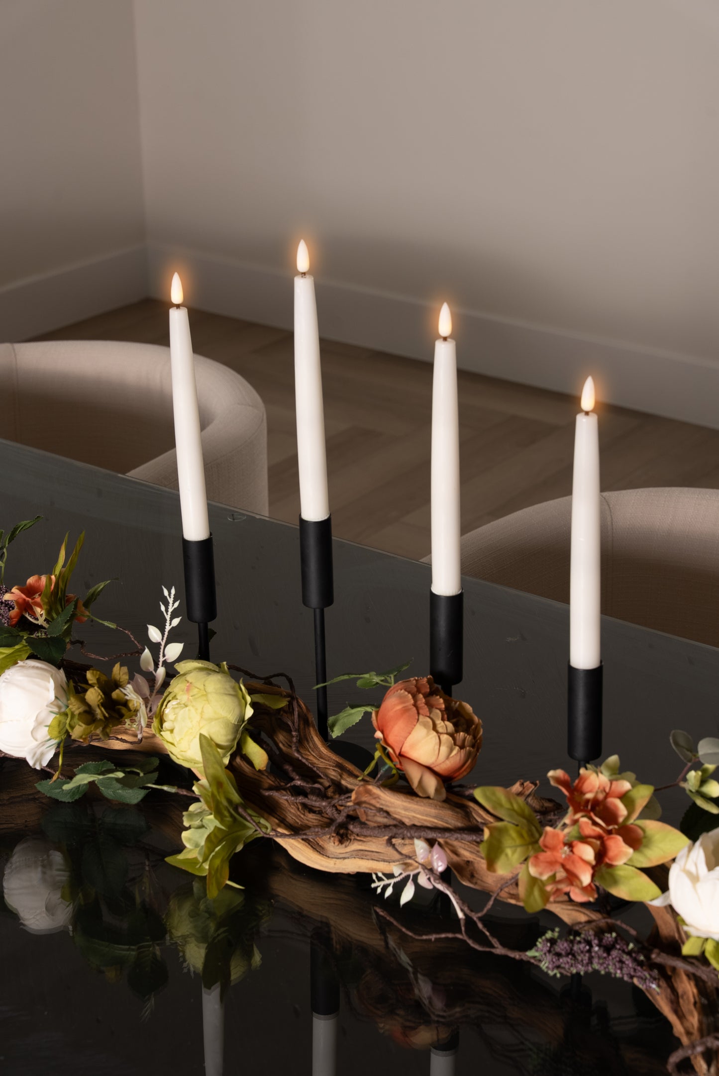 Black Vintage Peony Floral Vine Taper Candle Table Top Decor Gift