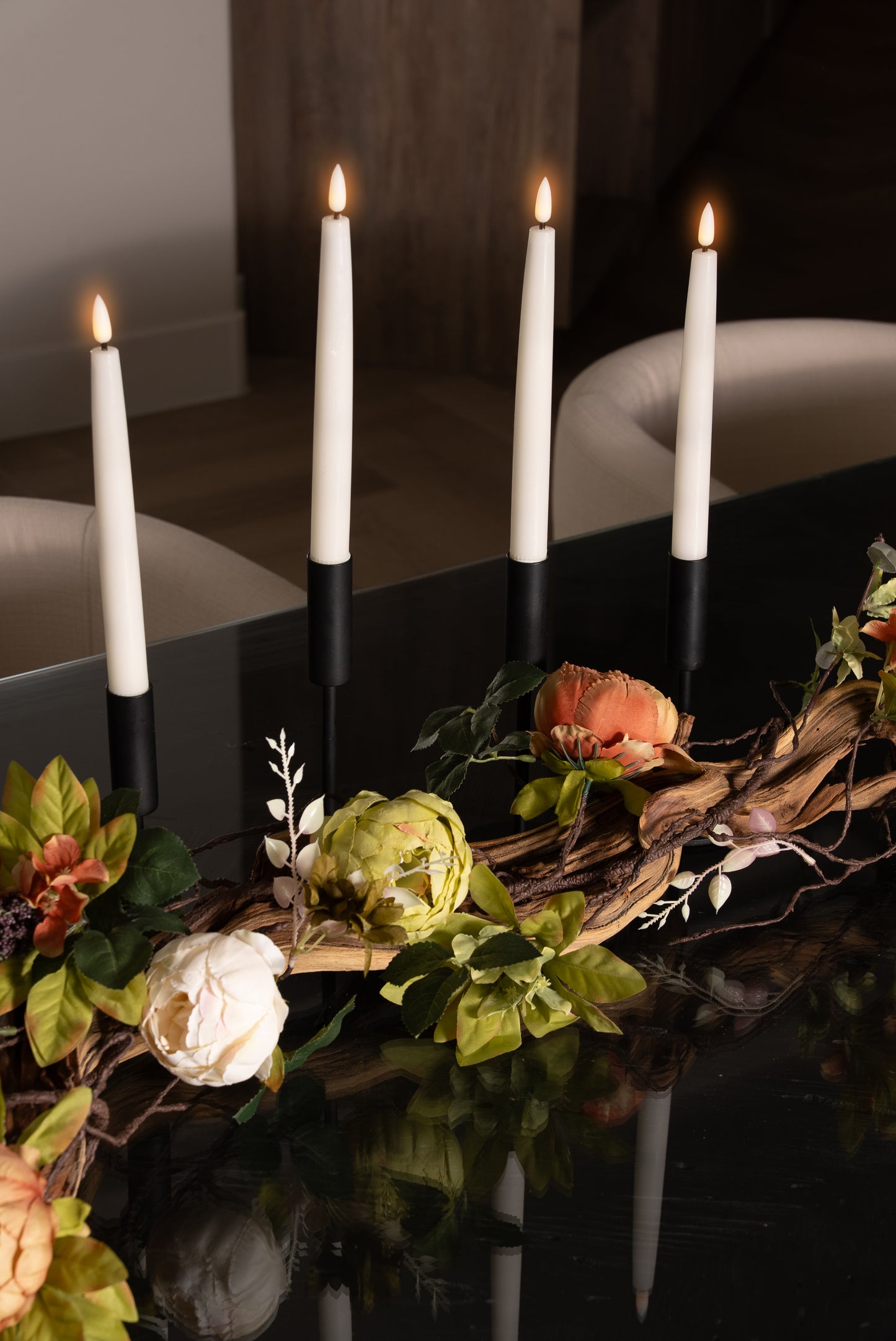 Black Vintage Peony Floral Vine Taper Candle Table Top Decor Gift