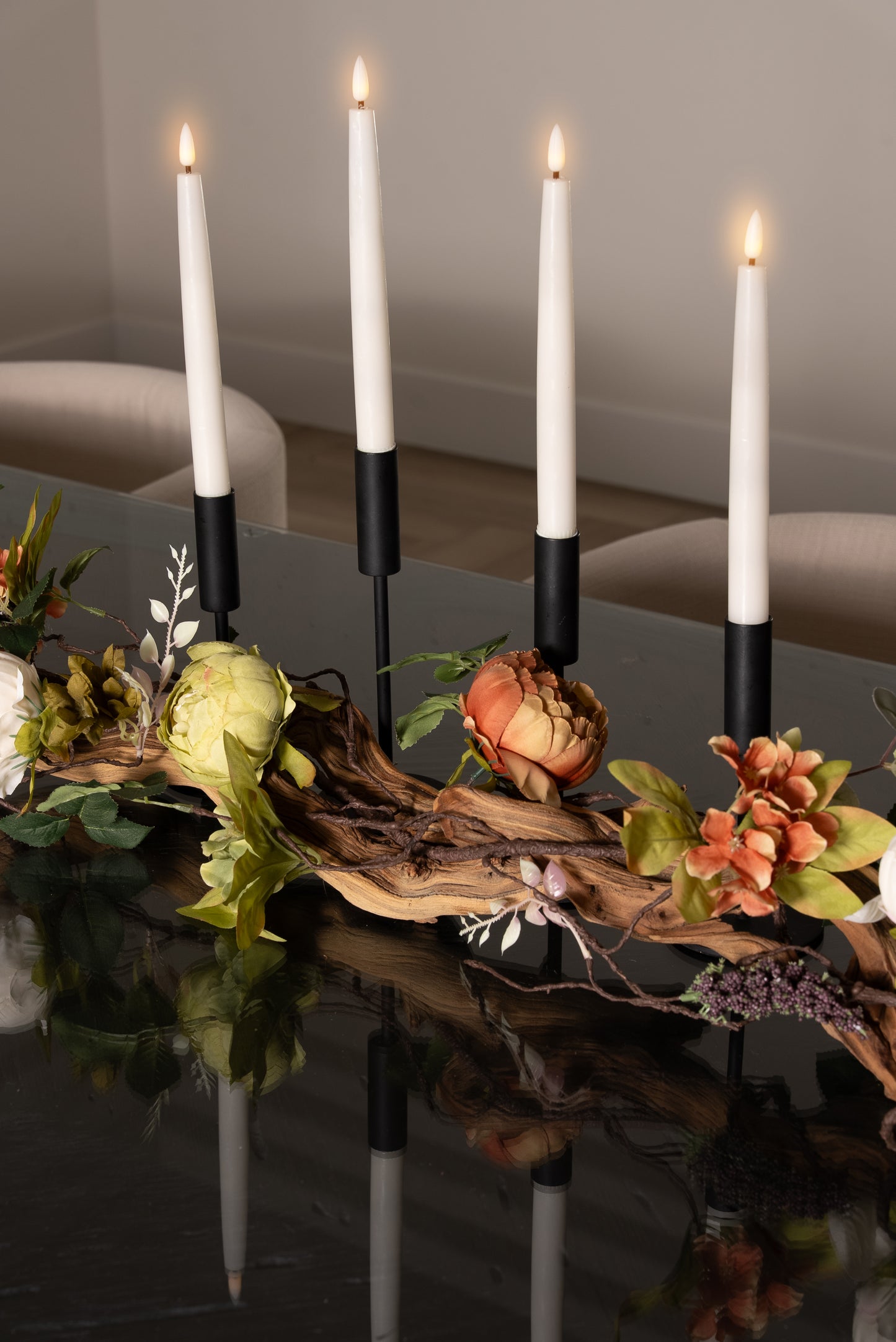 Black Vintage Peony Floral Vine Taper Candle Table Top Decor Gift