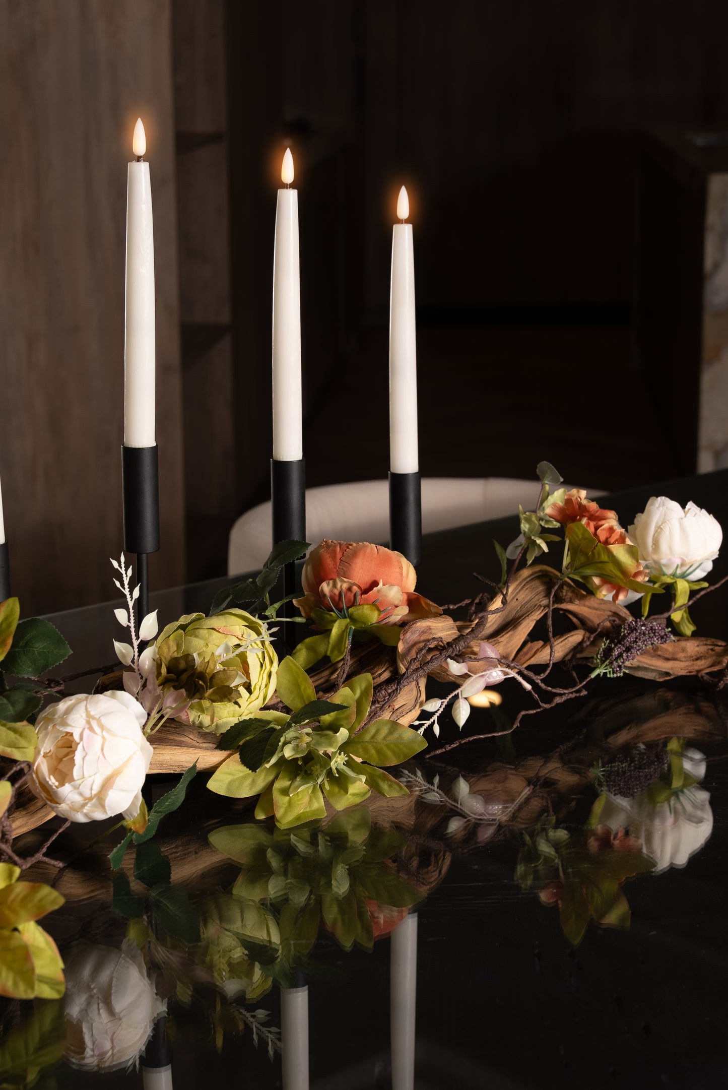 Black Vintage Peony Floral Vine Taper Candle Table Top Decor Gift