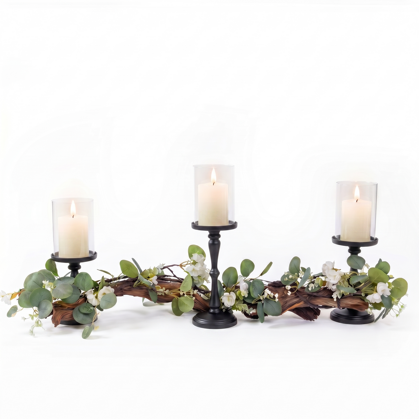 Rustic Farmhouse Centerpiece : Eucalyptus Garland, Black Candle Holders, Table Decor