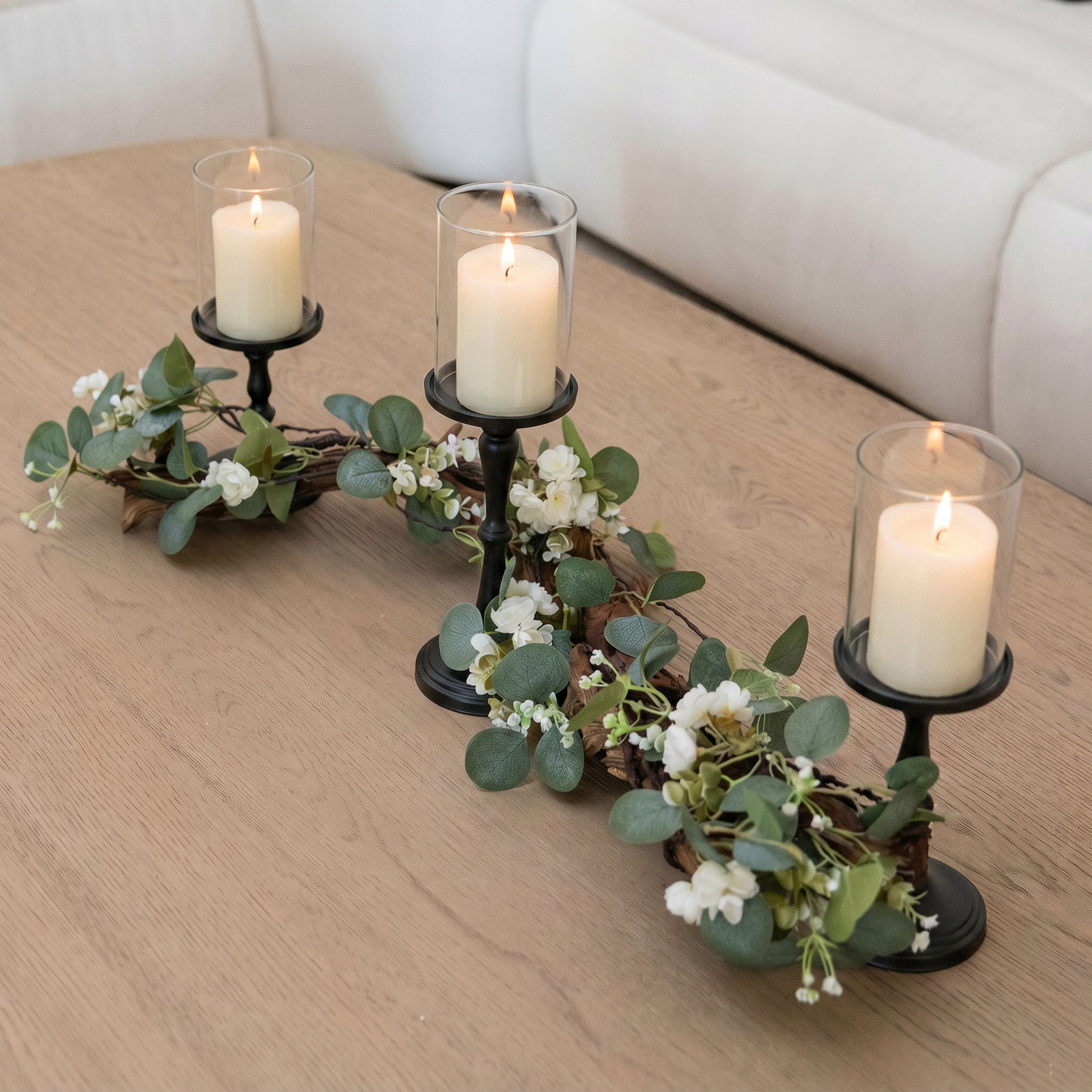 Rustic Farmhouse Centerpiece : Eucalyptus Garland, Black Candle Holders, Table Decor