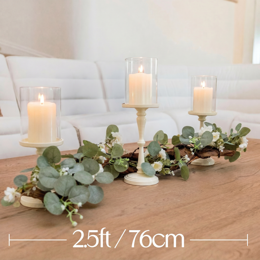 Rustic Farmhouse Centerpiece : Eucalyptus Garland, Ivory Candle Holders, Table Decor