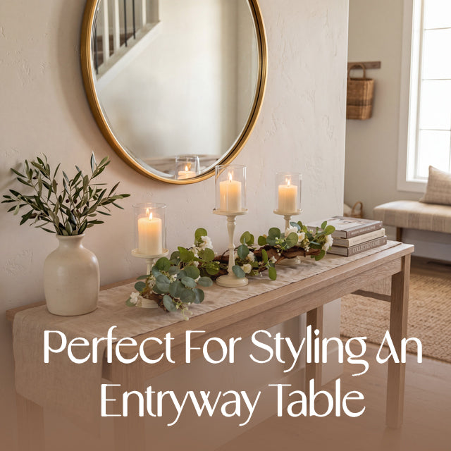 Rustic Farmhouse Centerpiece : Eucalyptus Garland, Ivory Candle Holders, Table Decor