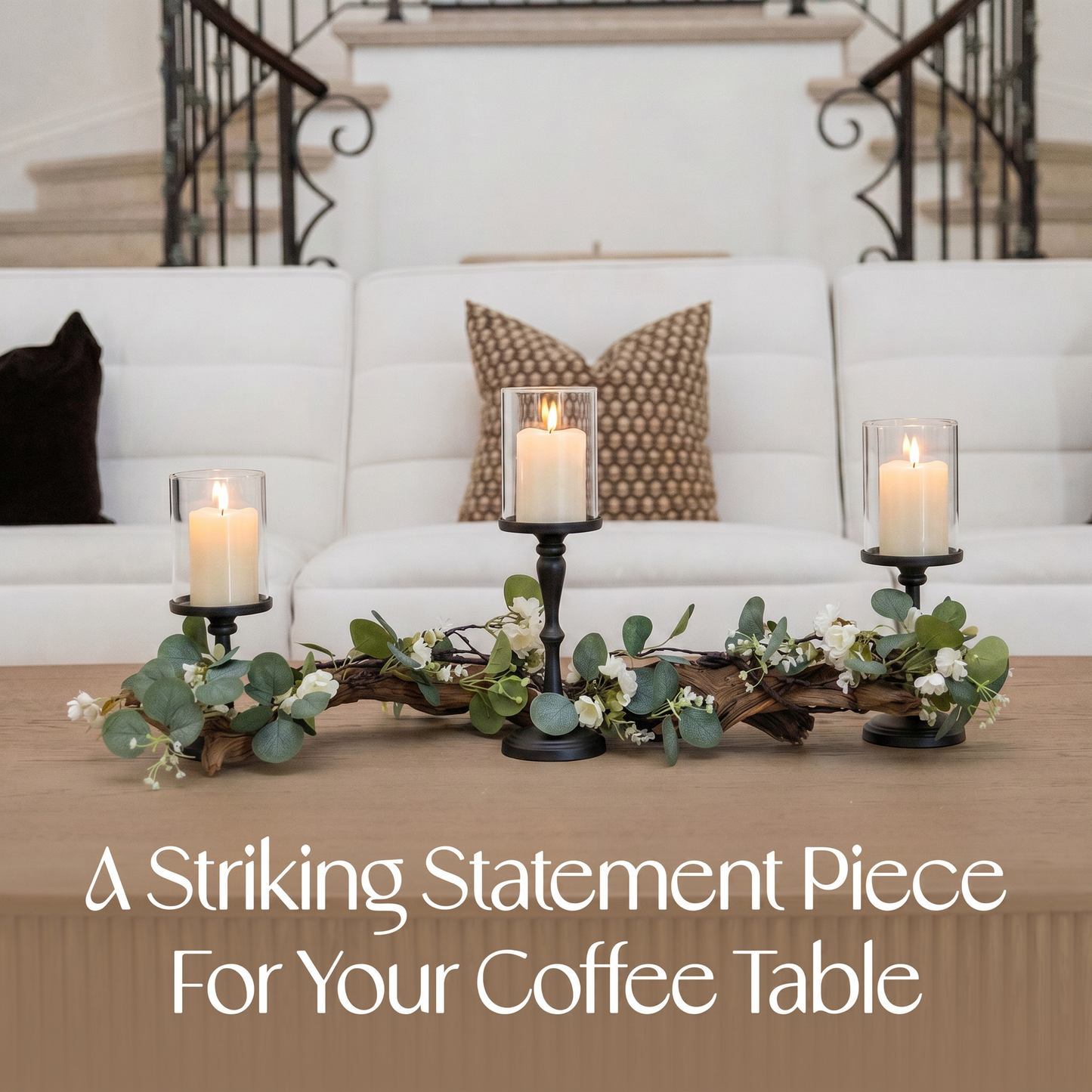 Rustic Farmhouse Centerpiece : Eucalyptus Garland, Black Candle Holders, Table Decor