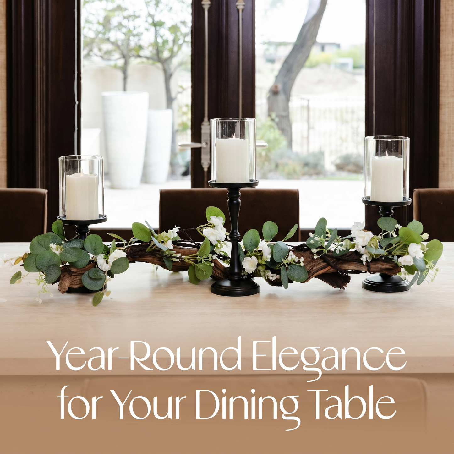 Rustic Farmhouse Centerpiece : Eucalyptus Garland, Black Candle Holders, Table Decor