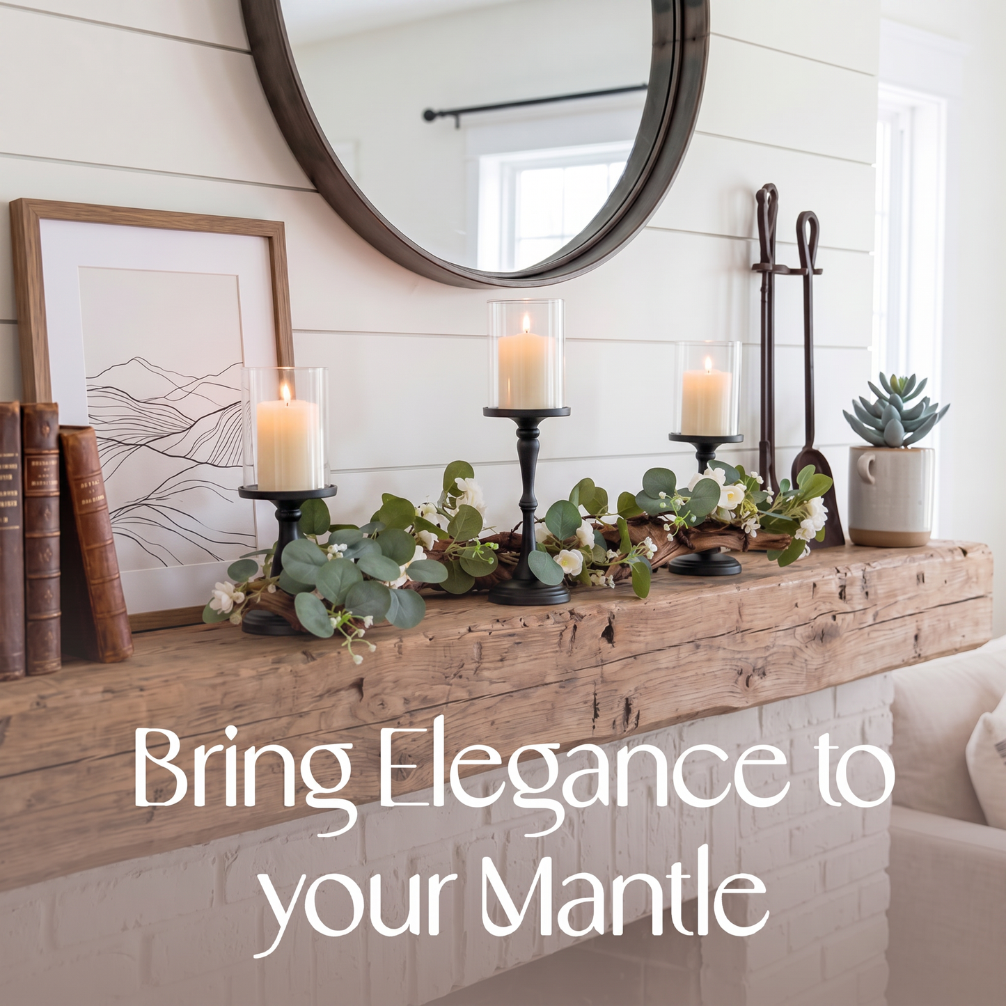 Rustic Farmhouse Centerpiece : Eucalyptus Garland, Black Candle Holders, Table Decor