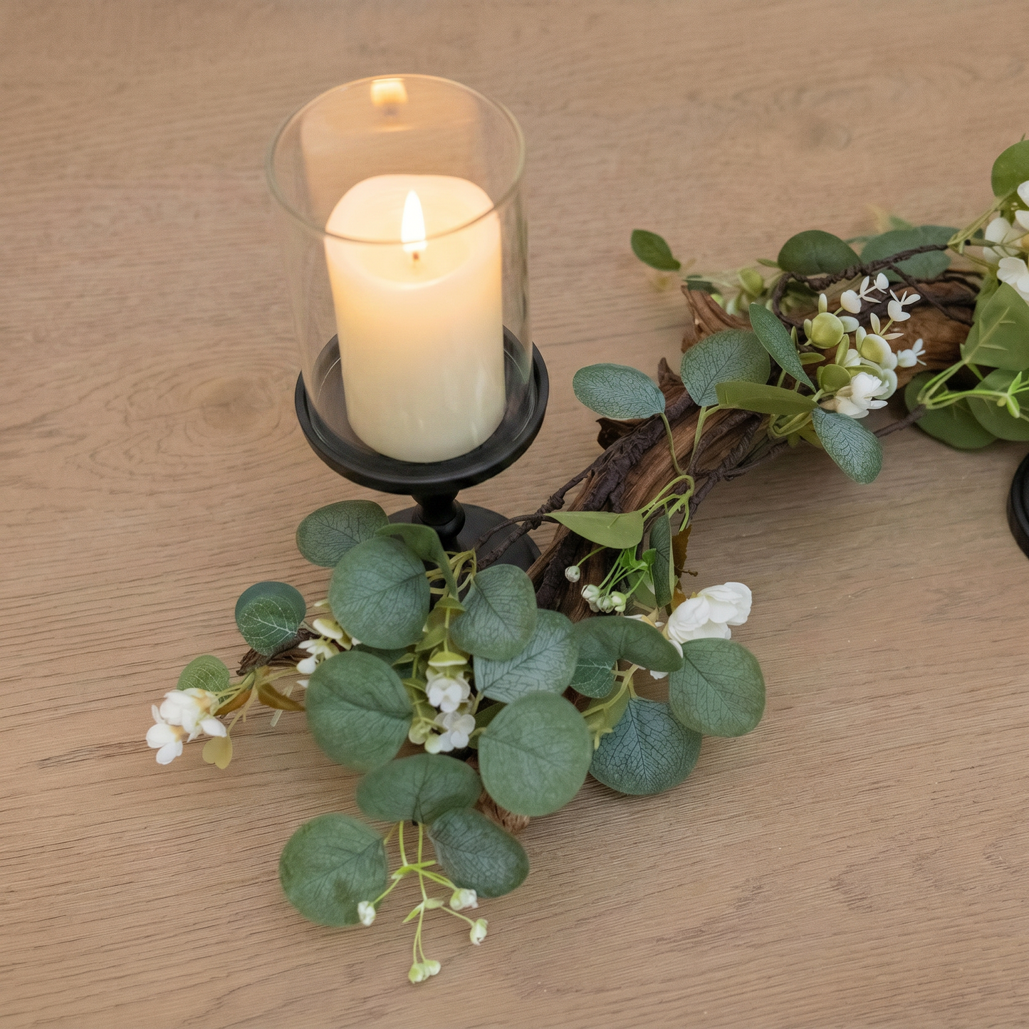 Rustic Farmhouse Centerpiece : Eucalyptus Garland, Black Candle Holders, Table Decor
