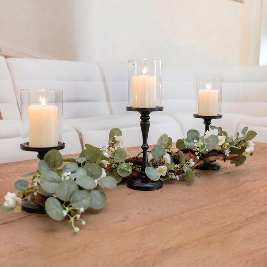 Rustic Farmhouse Centerpiece : Eucalyptus Garland, Black Candle Holders, Table Decor