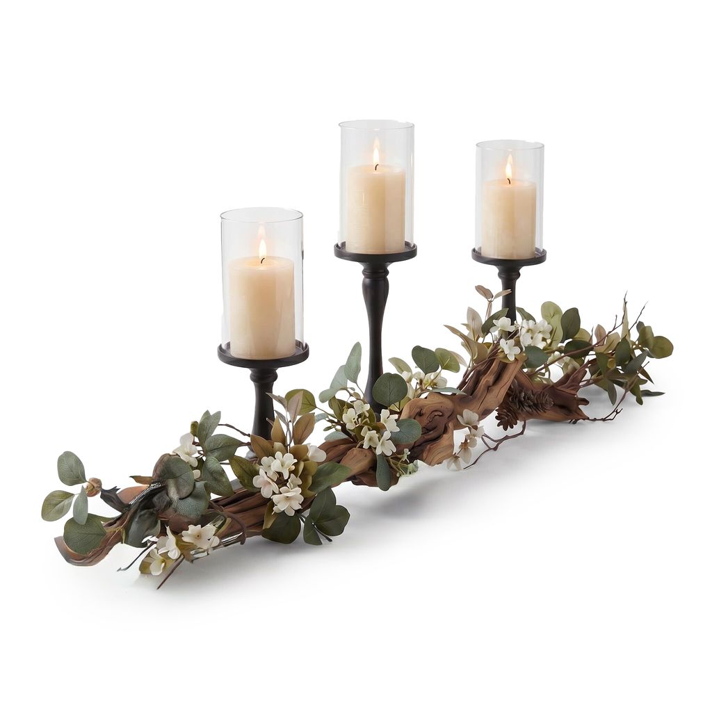 Rustic Farmhouse Centerpiece : Eucalyptus Garland, Black Candle Holders, Table Decor